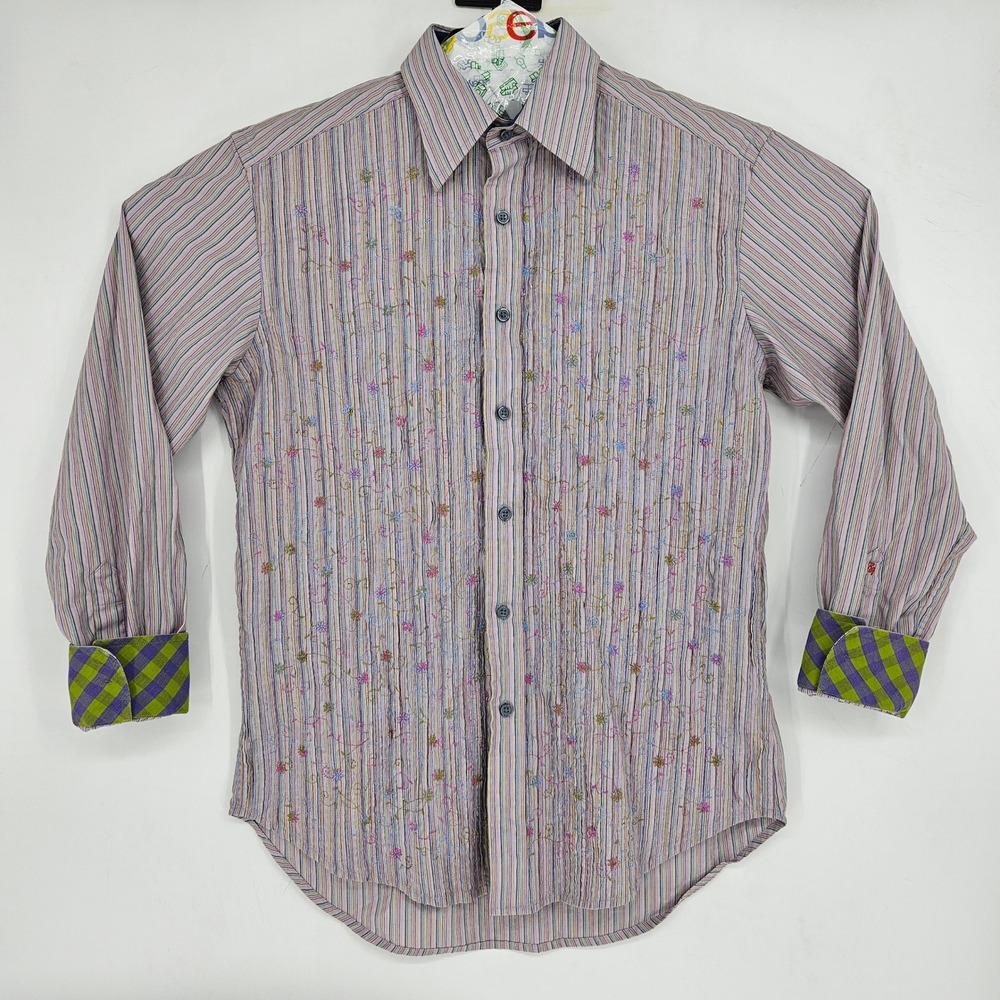 Robert Graham Shirt Mens Medium Striped Embroideredβ Floral Accents Button Up